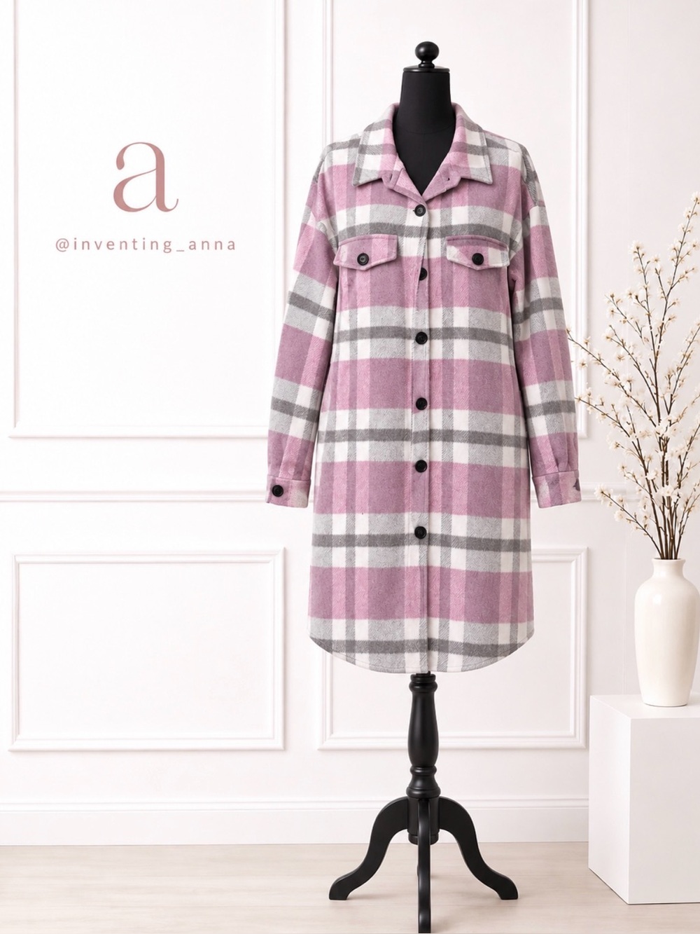 Plaid Button-Up Shacket Jacket in Pink and Grey